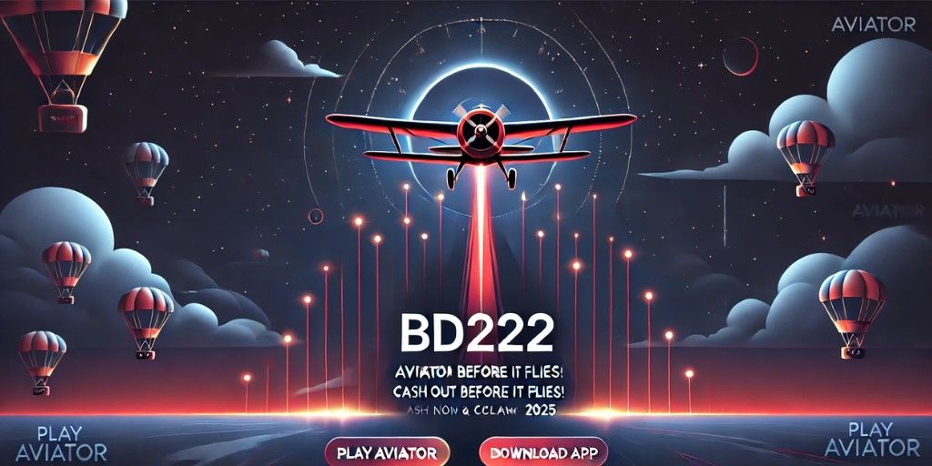 BD222 Aviator banner with plane taking off, multiplier graph, and play now button