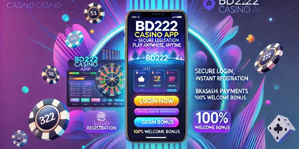 BD222 Casino App banner with smartphone, login screen, and welcome bonus offer